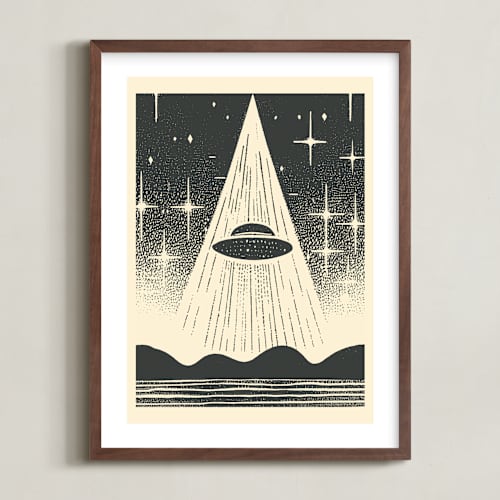 This is a galactic gray kids wall art with standard by Roseanne Kenny called ufo encounters: nostalgic retro woodcut