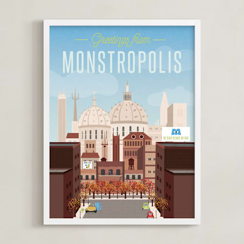 This is a sky blue disney art with standard by Erica Krystek called greetings from monstropolis