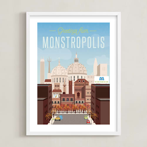 This is a sky blue disney art with standard by Erica Krystek called greetings from monstropolis