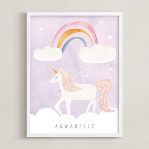 This is a lavender personalized art for kids with standard by Teju Reval called dreamy unicorn