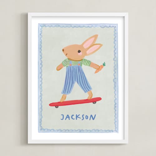 This is a blue personalized art for kids with standard by Creo Study called bunny on a roll