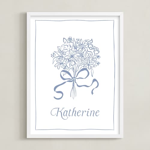 This is a powder blue personalized art for kids with standard by Becky Nimoy called bow on bouquet