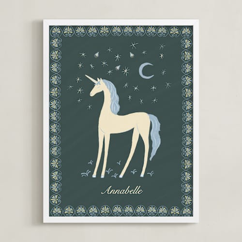 This is a forest green personalized art for kids with standard by Florina Georgescu Georgescu called midnight unicorn firefly dream