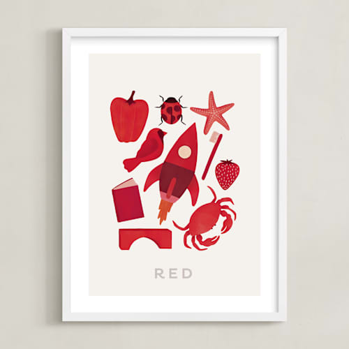 This is a red kids wall art with standard by Ana Peake called ten red things