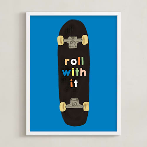 This is a blue kids wall art with standard by Baumbirdy called roll with it