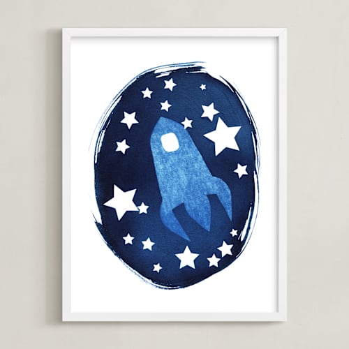 This is a prussian blue kids wall art with standard by raven erebus called to the stars and beyond