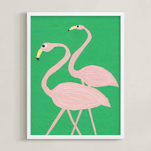 This is a grass green kids wall art with standard by Elliot Stokes called flamingo amigos