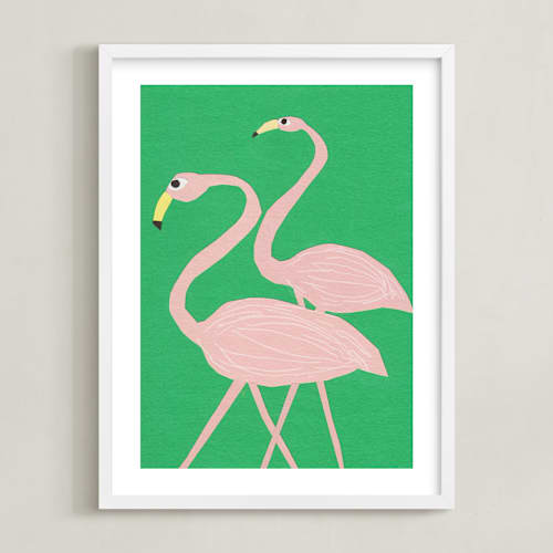 This is a grass green kids wall art with standard by Elliot Stokes called flamingo amigos