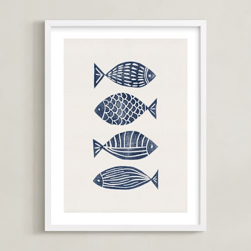 This is a navy blue kids wall art with standard by Alisa Galitsyna called linocut fishes