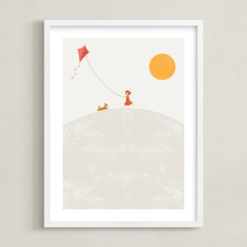 This is a happy orange kids wall art with standard by David Michuki called over the hill