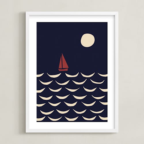 This is a night sea blue kids wall art with standard by Alisa Galitsyna called little boat