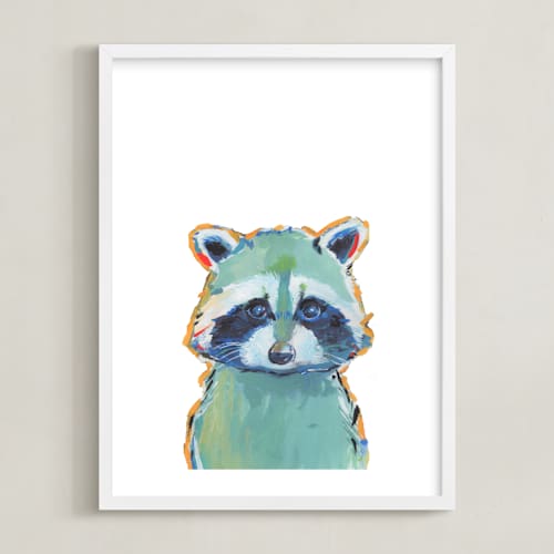 This is a teal kids wall art with standard by Makewells called mr. raccoon