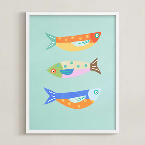 This is a blue kids wall art with standard by AlisonJerry called fun sardines!