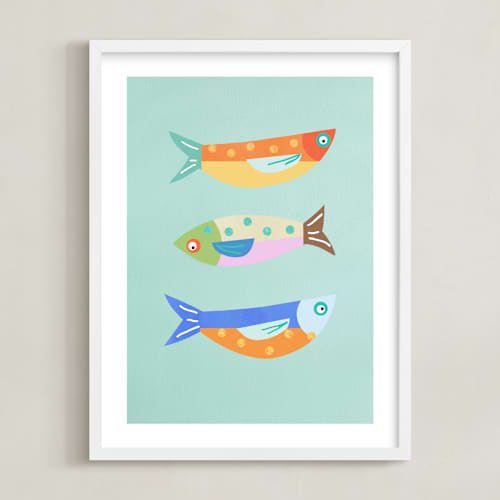 This is a blue kids wall art with standard by AlisonJerry called fun sardines!