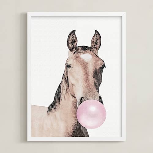 This is a bubblegum pink kids wall art with standard by Maja Cunningham called bubblegum: horse