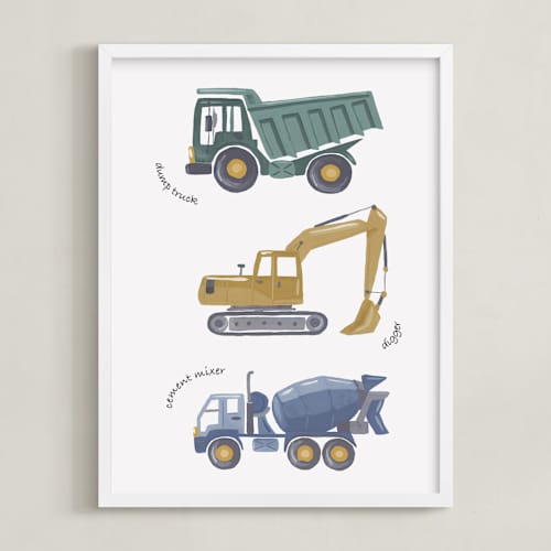 This is a sage green art with standard by Alice Nelen called tons of trucks
