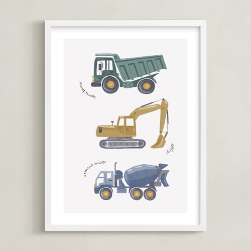 This is a sage green art with standard by Alice Nelen called tons of trucks