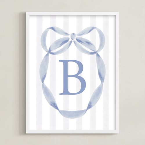 This is a soft blue nursery wall art with standard by Sam Dubeau called precious ribbon frame