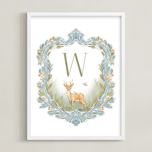 This is a baby blue nursery wall art with standard by Lucrecia Caporale called the little one’s crest
