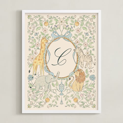 This is a baby blue nursery wall art with standard by Sabrin Deirani called little safari