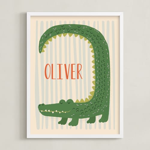 This is a green nursery wall art with standard by Vera Lim called happy croc
