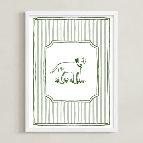 This is a forest green nursery wall art with standard by Madelaine Crocker called puppies at play 3