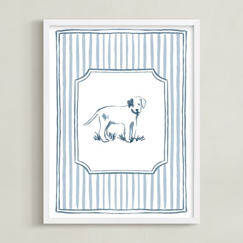 This is a soft blue nursery wall art with standard by Madelaine Crocker called puppies at play 3