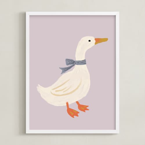 This is a lilac nursery wall art with standard by Cass Loh called duck with ribbon