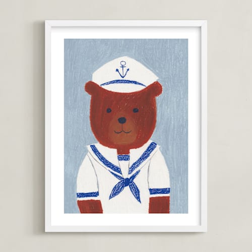 This is a dusty blue nursery wall art with standard by Madhvi Samimi called sailor bear