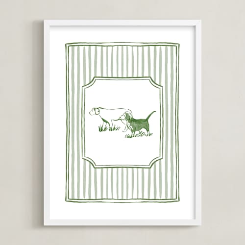 This is a forest green nursery wall art with standard by Madelaine Crocker called puppies at play 2