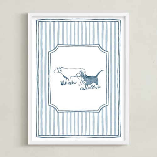 This is a soft blue nursery wall art with standard by Madelaine Crocker called puppies at play 2