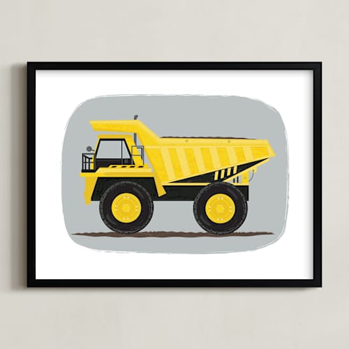 This is a finch yellow kids wall art with standard by Rebecca Marchese called the construction dump truck