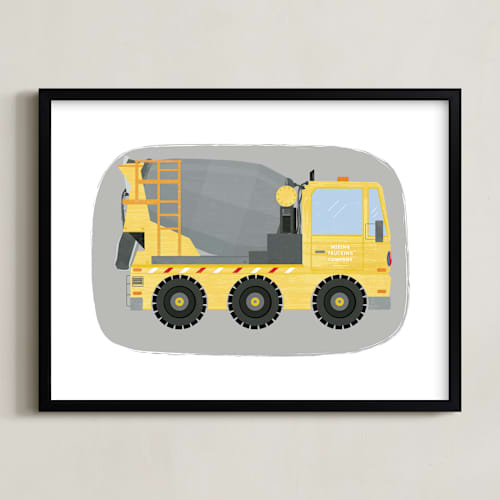 This is a mixer yellow art with standard by Rebecca Marchese called the cement-mixer truck