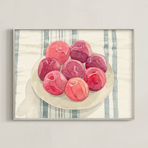 This is a plum red art with standard by Pippa Shaw called red plums on linen tablecloth