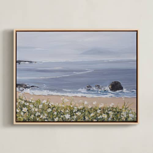 This is a dusty blue art with standard by Arohika Verma called seaside daisies