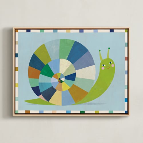 This is a sky blue nursery wall art with standard by melanie mikecz called smiley snail