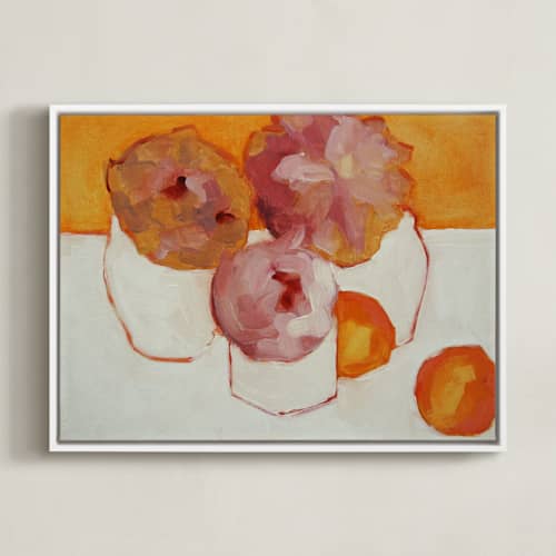 This is a tangerine art with standard by Lynne Millar called peonies and kumquats