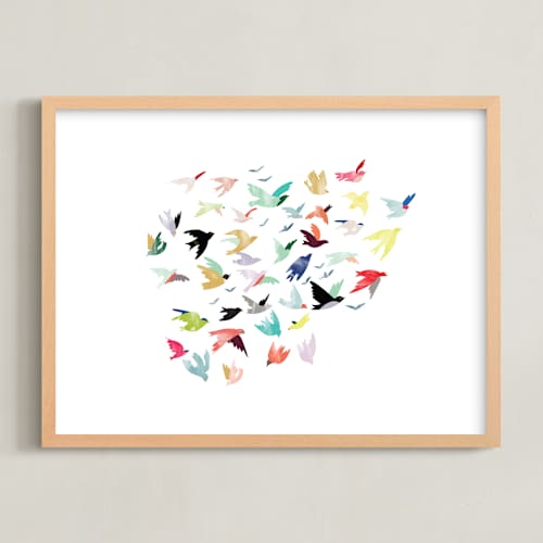 This is a multi-colored kids wall art with standard by Eve Schultz called songbirds