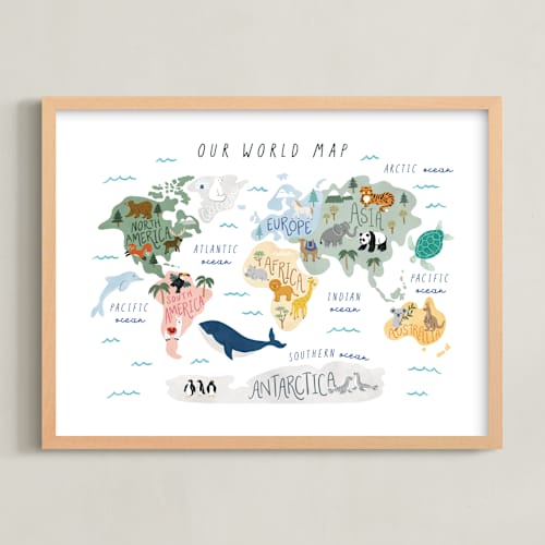 This is a pastel green kids wall art with standard by Elly called our world map
