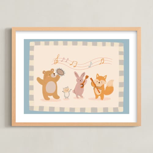 This is a powder blue nursery wall art with standard by Kartika Paramita called woodland orchestra