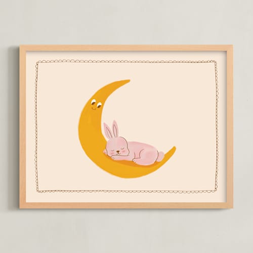 This is a beige nursery wall art with standard by Kartika Paramita called sleeping bunny