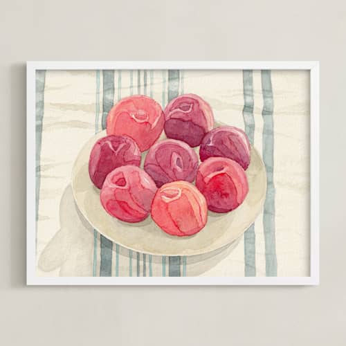 This is a plum red art with standard by Pippa Shaw called red plums on linen tablecloth