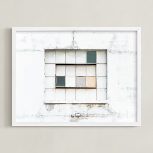 This is a distressed white art with standard by Kamala Nahas called industrial window