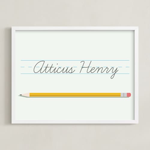 This is a mint personalized art for kids with standard by Sarah Cohn called the write stuff