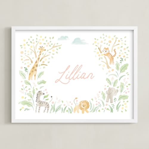 This is a soft pink personalized art for kids with standard by Jennifer Wick called petite jungle frame