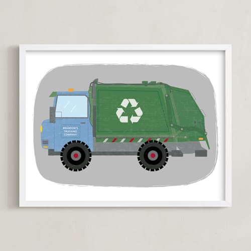 This is a moss personalized art for kids with standard by Rebecca Marchese called the garbage recycle truck