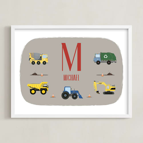 This is a steel personalized art for kids with standard by Rebecca Marchese called trucks with name - custom