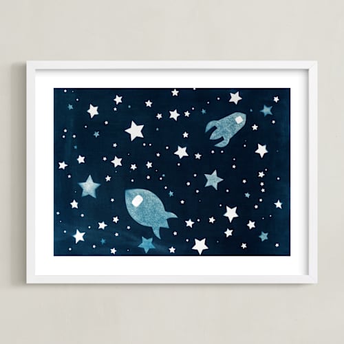This is a prussian blue kids wall art with standard by raven erebus called through space and time