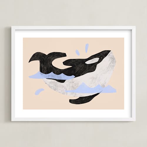 This is a peach dip kids wall art with standard by Inkblot Design called orca, where are you?