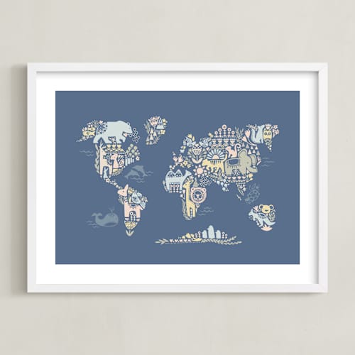 This is a navy kids wall art with standard by Jessie Steury called scandi world map